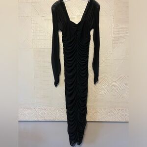 EUC Black ruched sheer long sleeve stretch House of Harlow dress, size XS